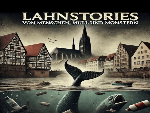 Auf dem gezeichneten Plakat für die Theateraufführung sieht man Marburg und in Vordergrund die Lahn voller Müll. In ihr schwimmt ein großer Fisch, dessen Flosse aus dem Wasser rausragt.